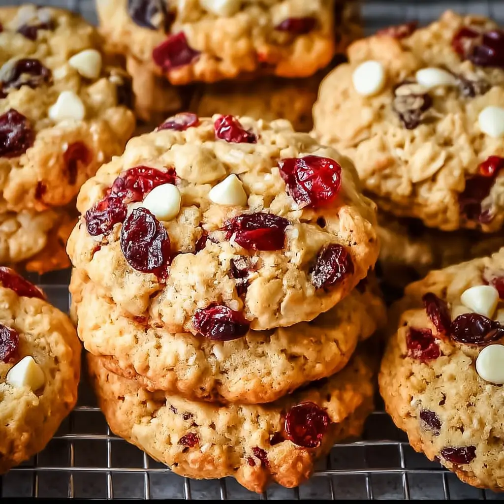 A close-up of a stack of golden-brown cranberry oatmeal cookies, generously studded with dried cranberries and white chocolate chips, on a wire cooling rack.