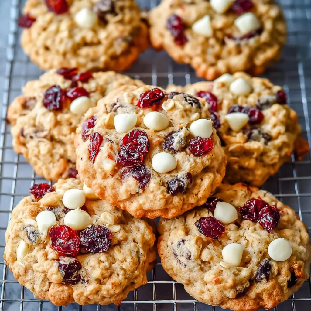 A close-up of several golden-brown cranberry oatmeal cookies with white chocolate chips, cooling on a wire rack.