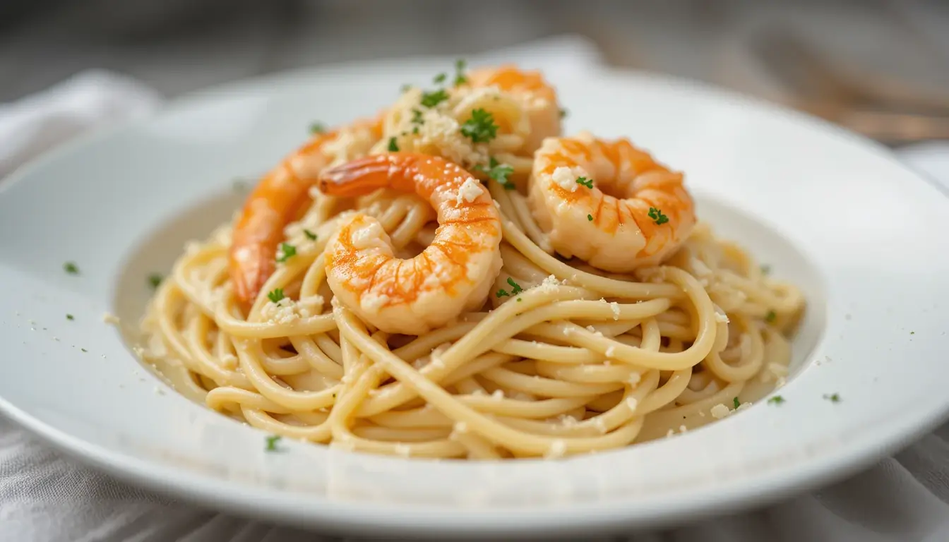 Creamy garlic shrimp pasta garnished with parsley on a white plate.