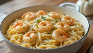 Creamy garlic shrimp pasta served in a white pan, garnished with parsley.