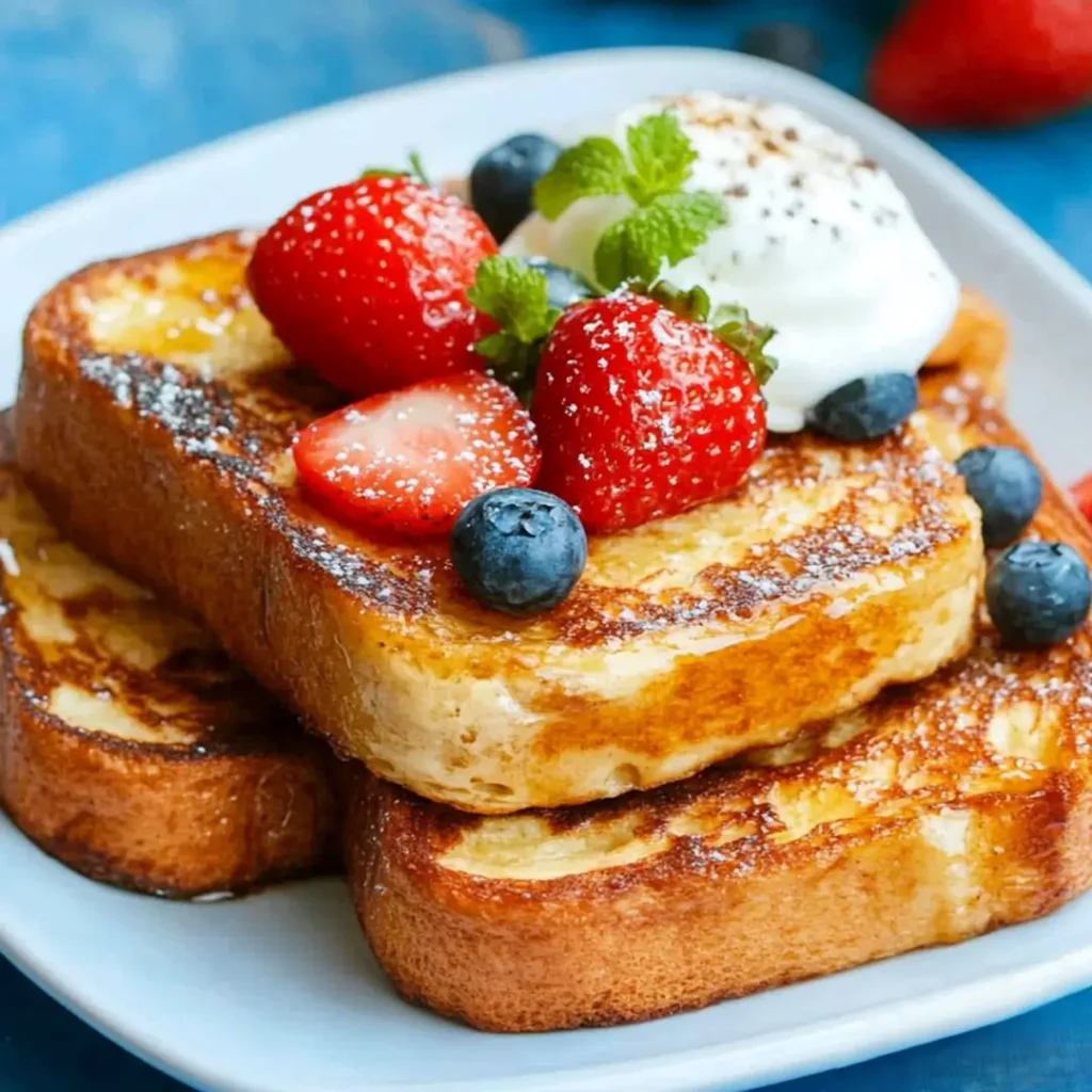 Eggless French toast with golden crust, topped with strawberries, blueberries, and whipped cream