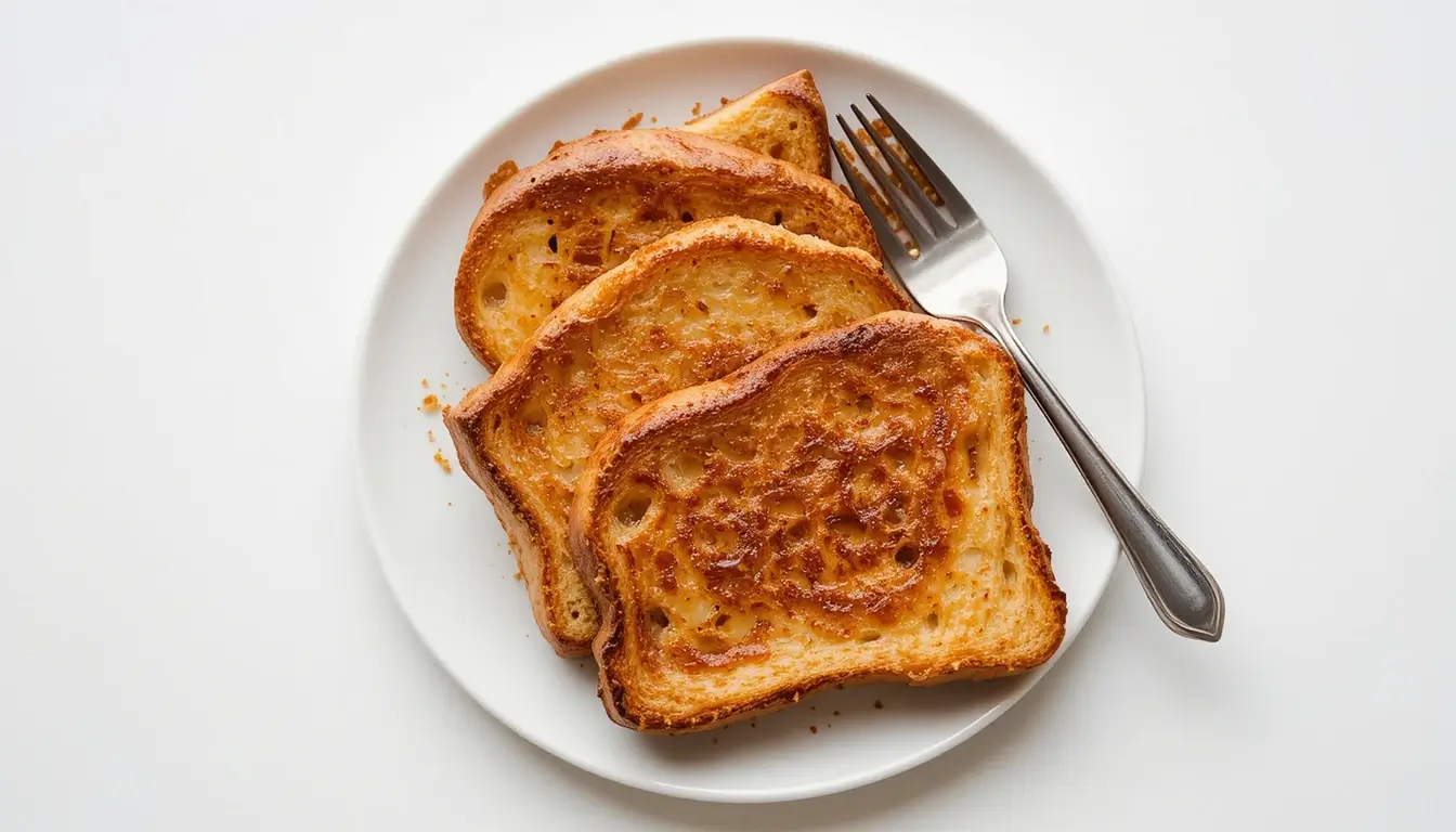 Golden brown French toast slices served on a white plate with a fork