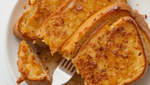 Close-up of caramelized French toast slices with crispy edges and a fork.