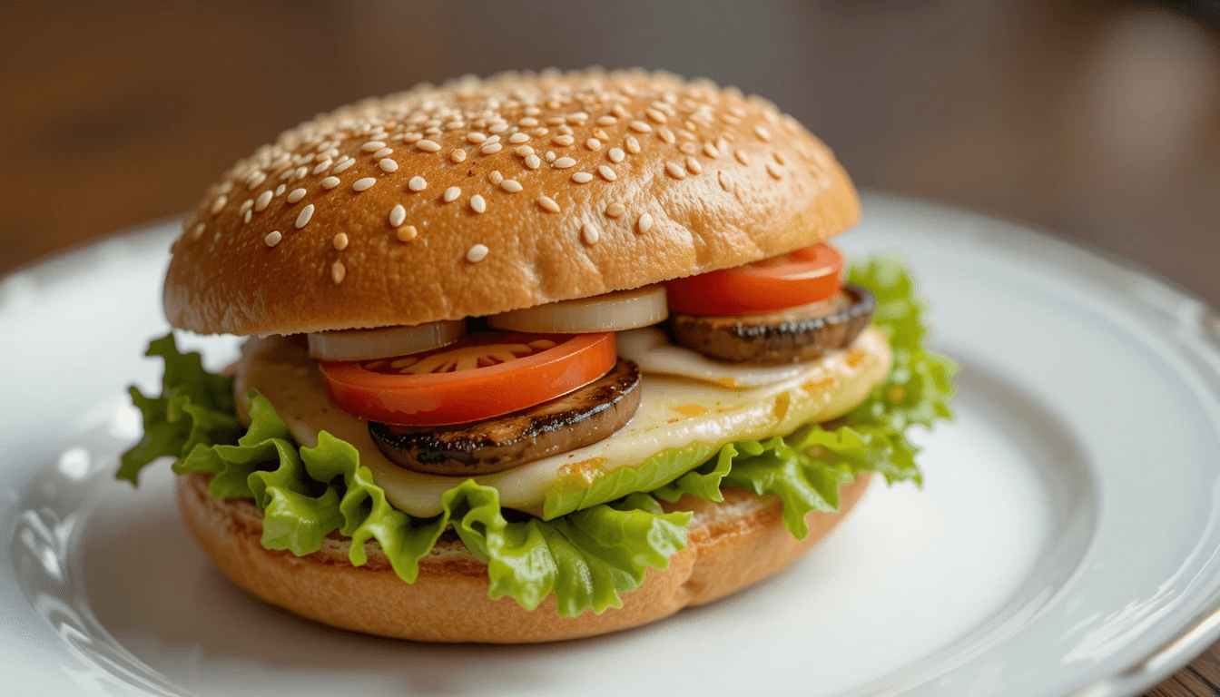 Vegetarian sandwich with sesame seed bun, lettuce, grilled mushrooms, tomatoes, and melted cheese on a white plate.