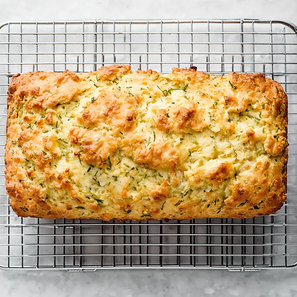  An overhead shot of a freshly baked loaf of zucchini cheddar bread cooling on a wire rack. The bread has a rustic, golden-brown crust with visible specks of green zucchini and melted cheese