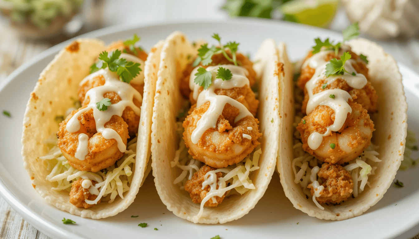 Crispy shrimp tacos with shredded lettuce, cheese, creamy sauce, and garnished with fresh cilantro.