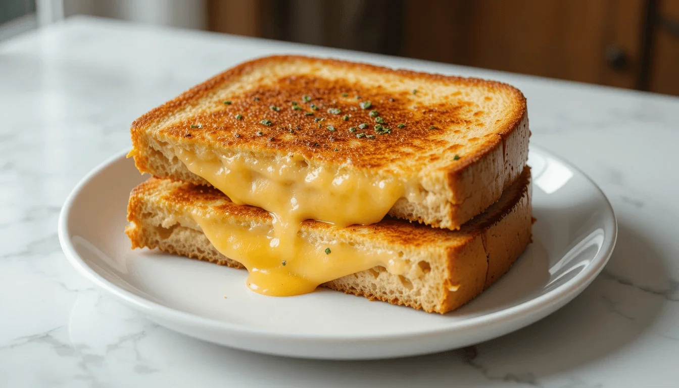 Golden, crispy grilled cheese sandwich with melted cheese oozing out, served on a white plate.