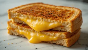  Close-up of a grilled cheese sandwich with golden crispy bread and melted cheese oozing out.