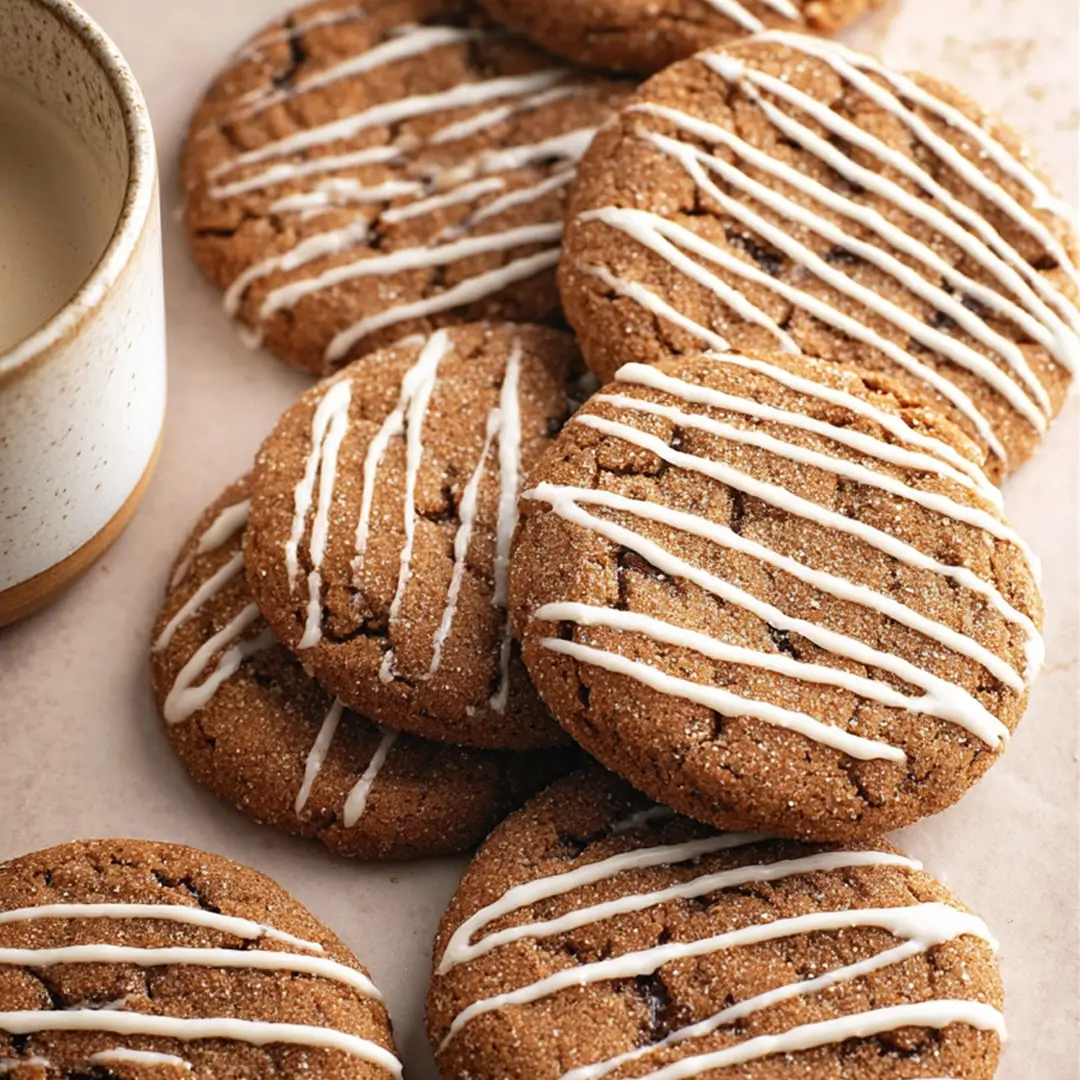 Cozy gingerbread latte cookies topped with white glaze beside a mug of coffee