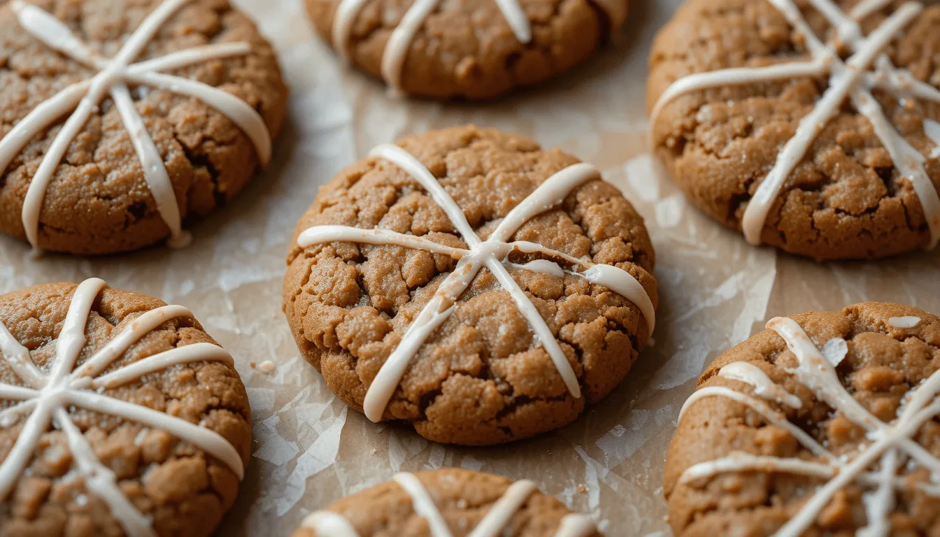 Close-up of freshly baked spiced cookies with white icing cross patterns on parchment paper.