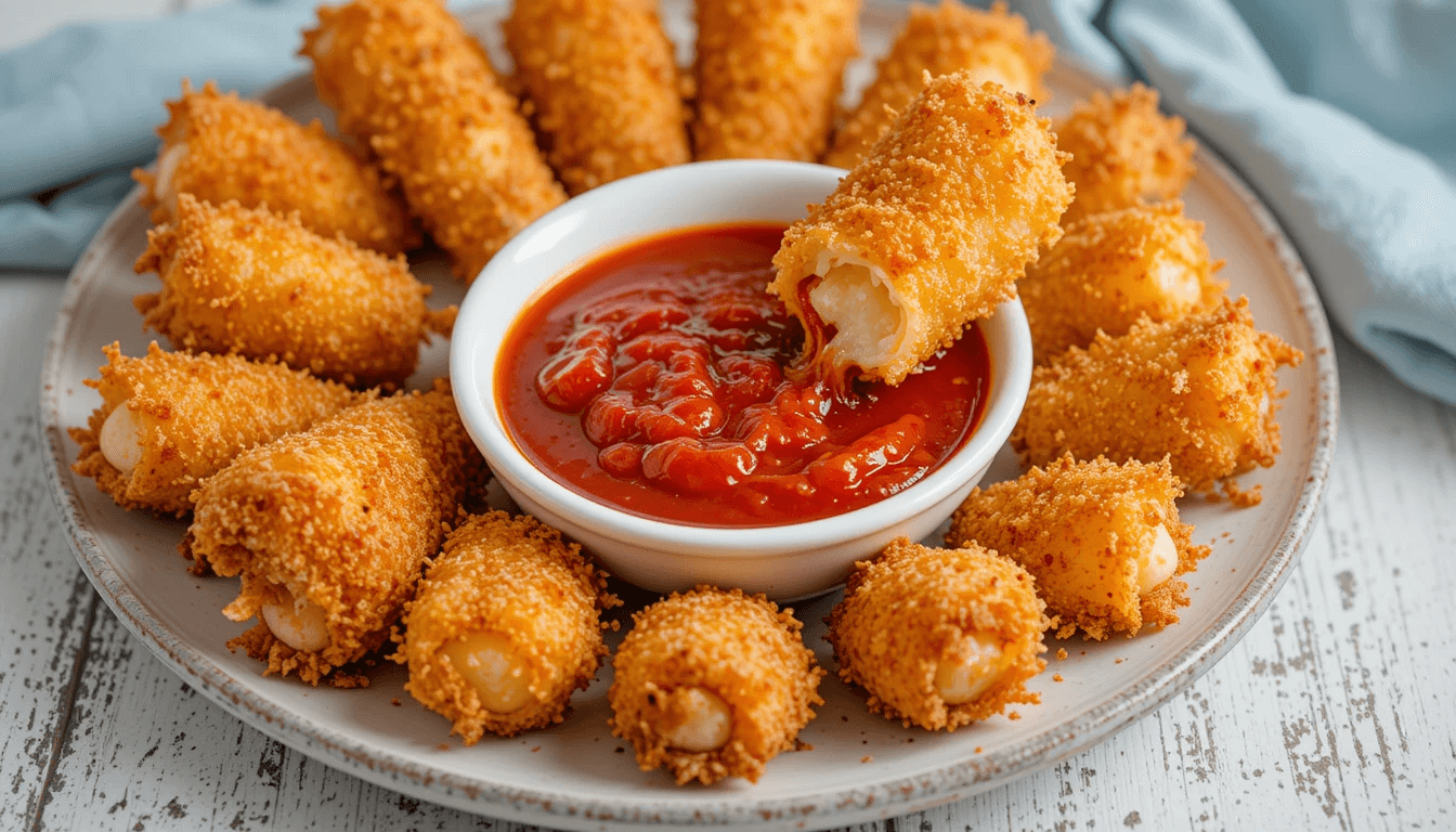 Golden mozzarella sticks served with marinara sauce for dipping on a white plate.