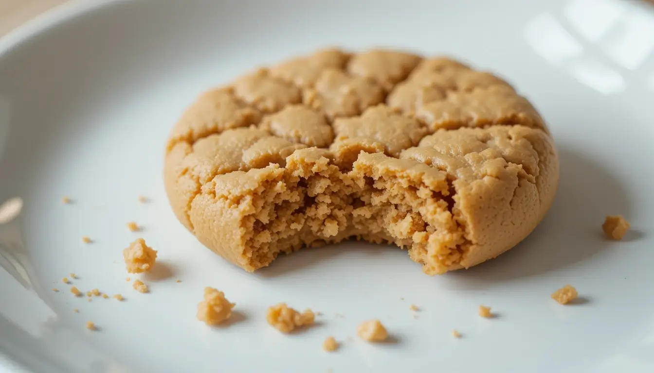 Soft gluten-free peanut butter cookie with a bite taken out, placed on a white plate.