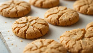 Freshly baked gluten-free peanut butter cookies on parchment paper.