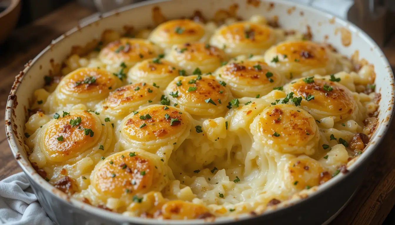 A golden and cheesy potato gratin with perfectly crisped layers topped with fresh parsley.