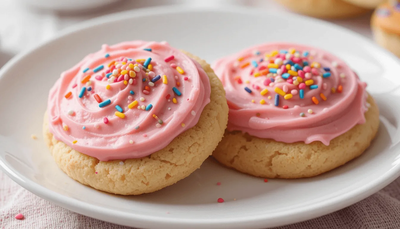 Gluten-free sugar cookies with pink frosting and colorful sprinkles on a white plate.