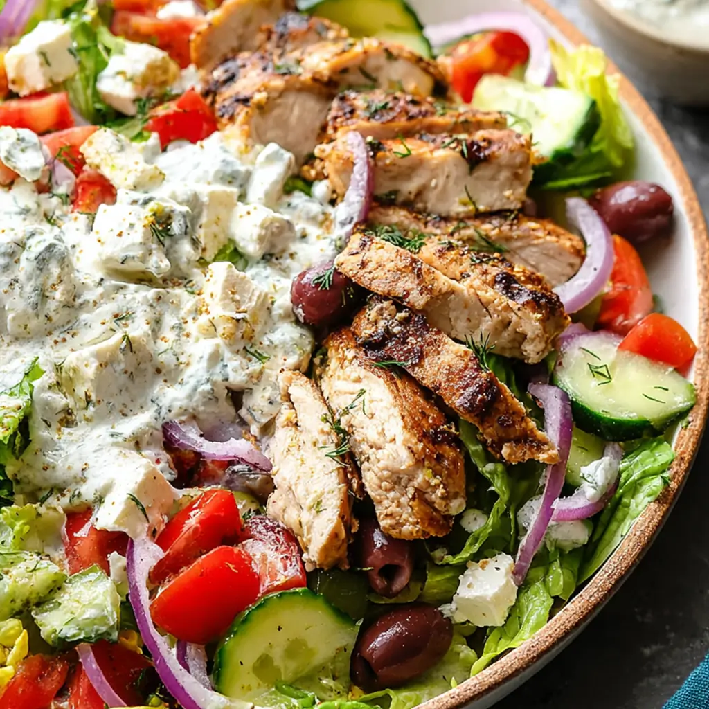 Greek chicken salad with grilled chicken, creamy tzatziki, feta, olives, cucumbers, and tomatoes