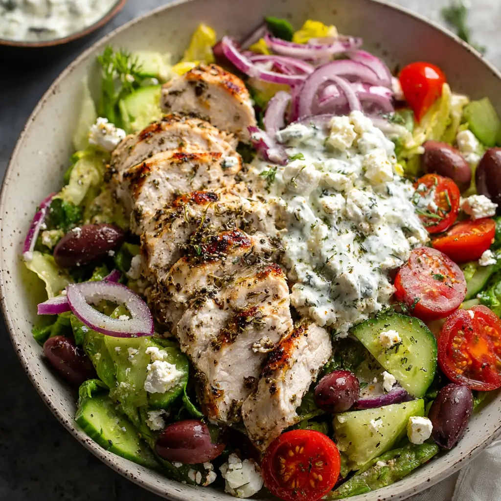 Greek chicken salad with grilled chicken, tzatziki sauce, feta, olives, and tomatoes in a bowl