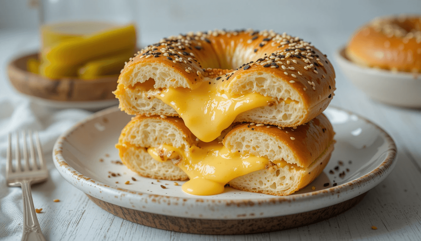 Grilled bagel topped with sesame and poppy seeds, filled with melted cheese oozing onto a ceramic plate.