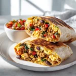 A delicious high protein breakfast burrito cut in half on a white plate, revealing a filling of scrambled eggs, ground turkey, black beans, and red peppers, with a side of fresh salsa.