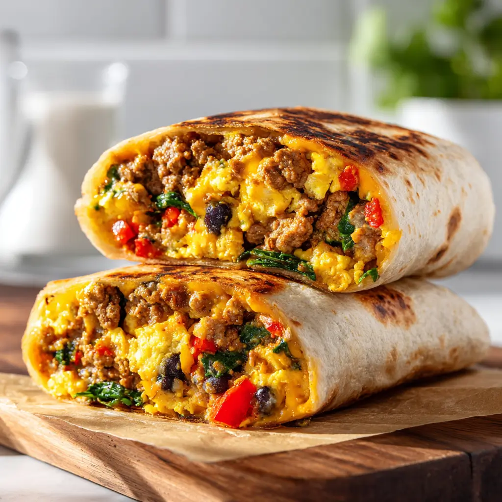 Two halves of a grilled high protein breakfast burrito stacked on brown parchment paper atop a wooden board, showcasing a filling of seasoned ground meat, melted cheese, scrambled eggs, spinach, and red bell peppers.