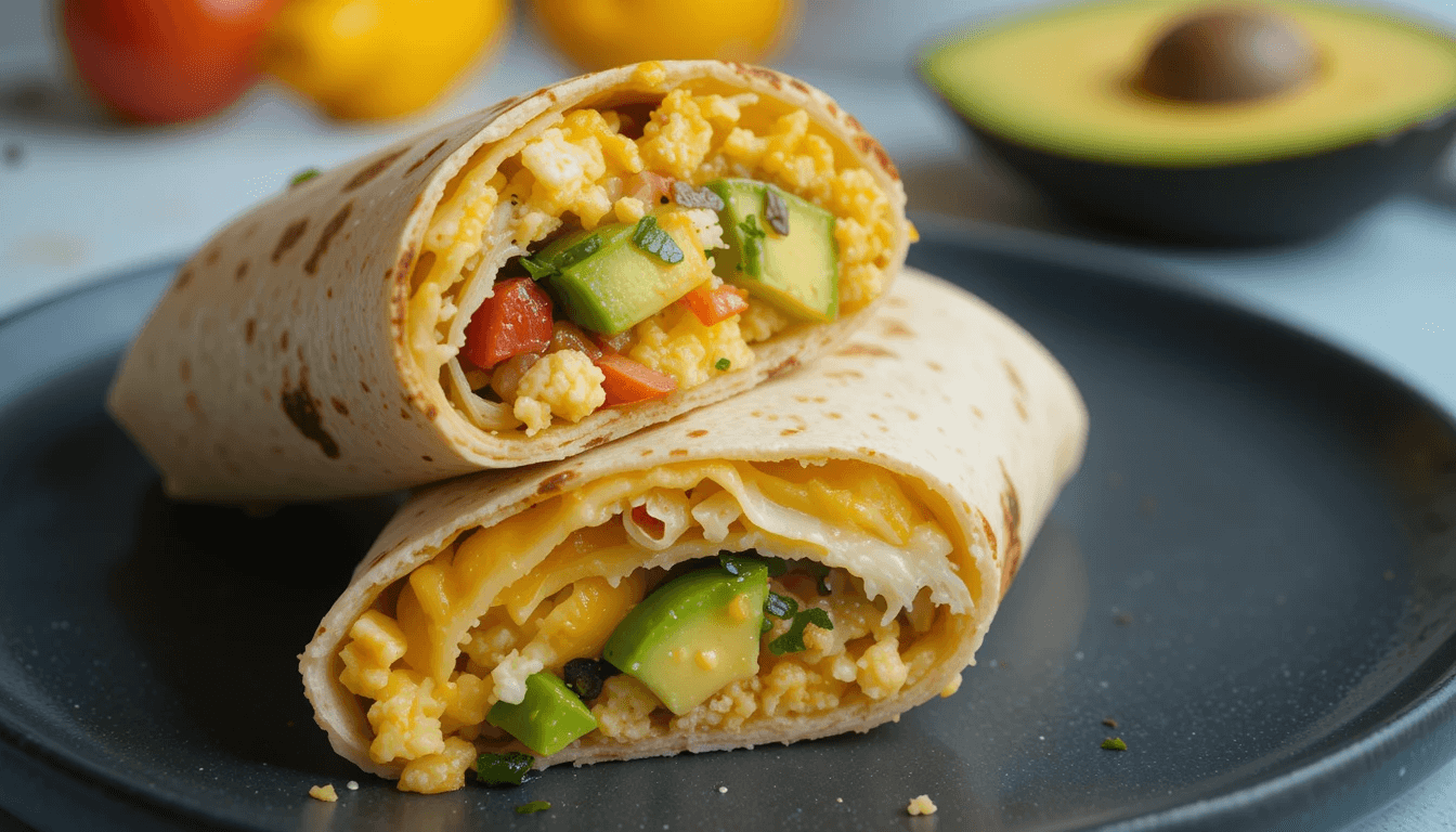 Breakfast burrito filled with scrambled eggs, melted cheese, avocado, and diced tomatoes on a black plate.