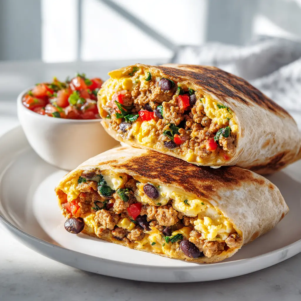 A delicious high protein breakfast burrito cut in half on a white plate, revealing a filling of scrambled eggs, ground turkey, black beans, and red peppers, with a side of fresh salsa.