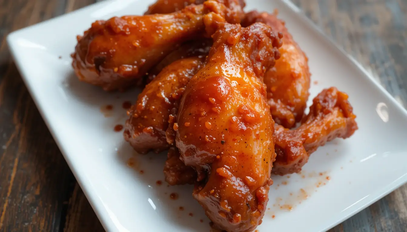 Spicy glazed chicken drumsticks served on a white square plate with a rustic wooden background.