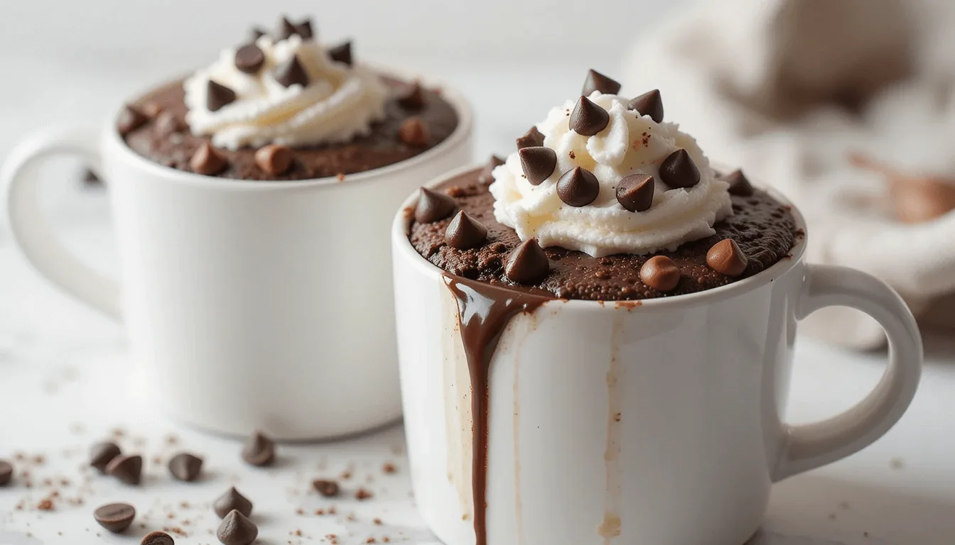 Decadent hot chocolate mug cakes topped with whipped cream and chocolate chips.