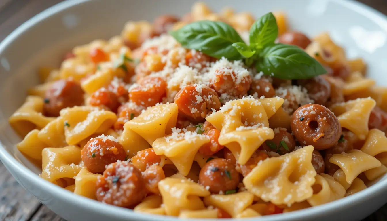 Italian sausage and pasta soup with bowtie pasta, sausage slices, tomato sauce, and Parmesan.