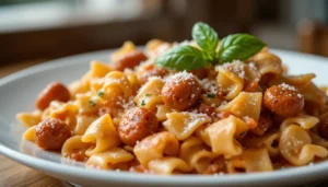 Italian sausage and pasta soup with curly pasta, sausage, and a rich tomato base garnished with basil.