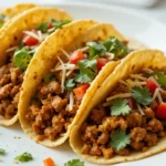 Freshly made ground chicken tacos with toppings on a wooden plate.