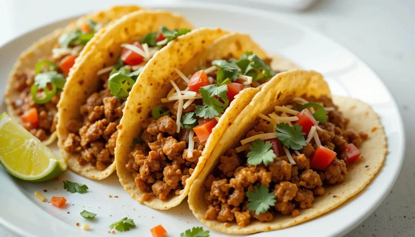 Freshly made ground chicken tacos with toppings on a wooden plate.