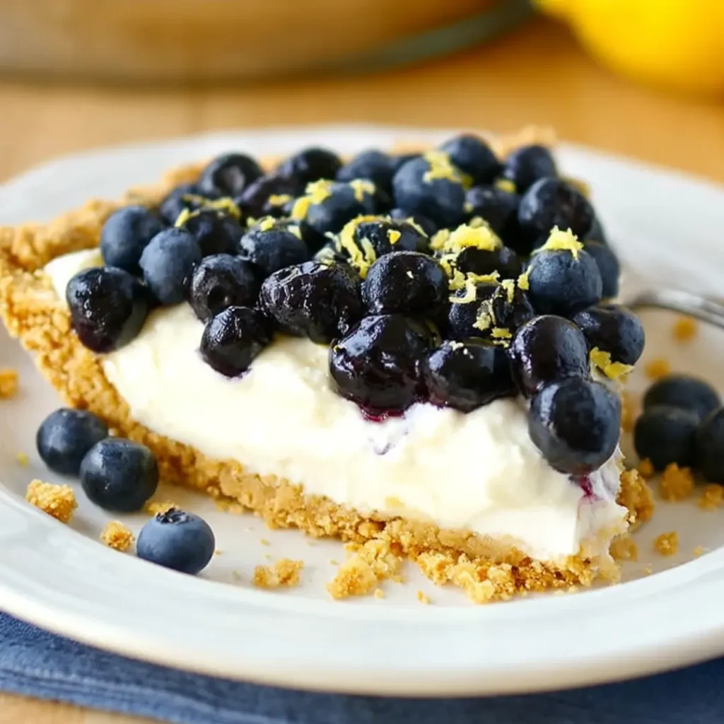 Lemon blueberry pie slice topped with fresh blueberries and lemon zest