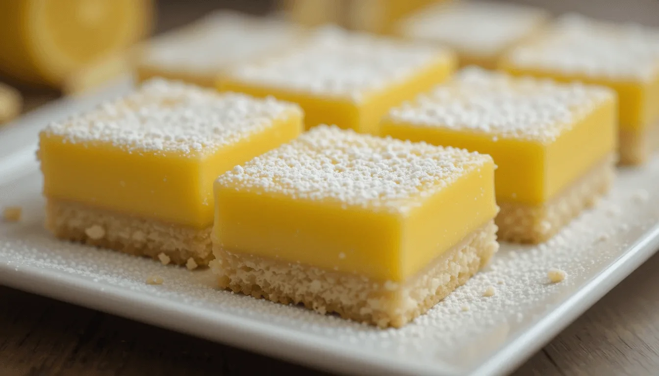 Square lemon blondies dusted with powdered sugar on a white plate.