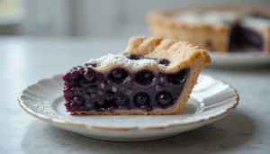  A slice of blueberry pie with a flaky crust, filled with juicy blueberries, and dusted with powdered sugar.