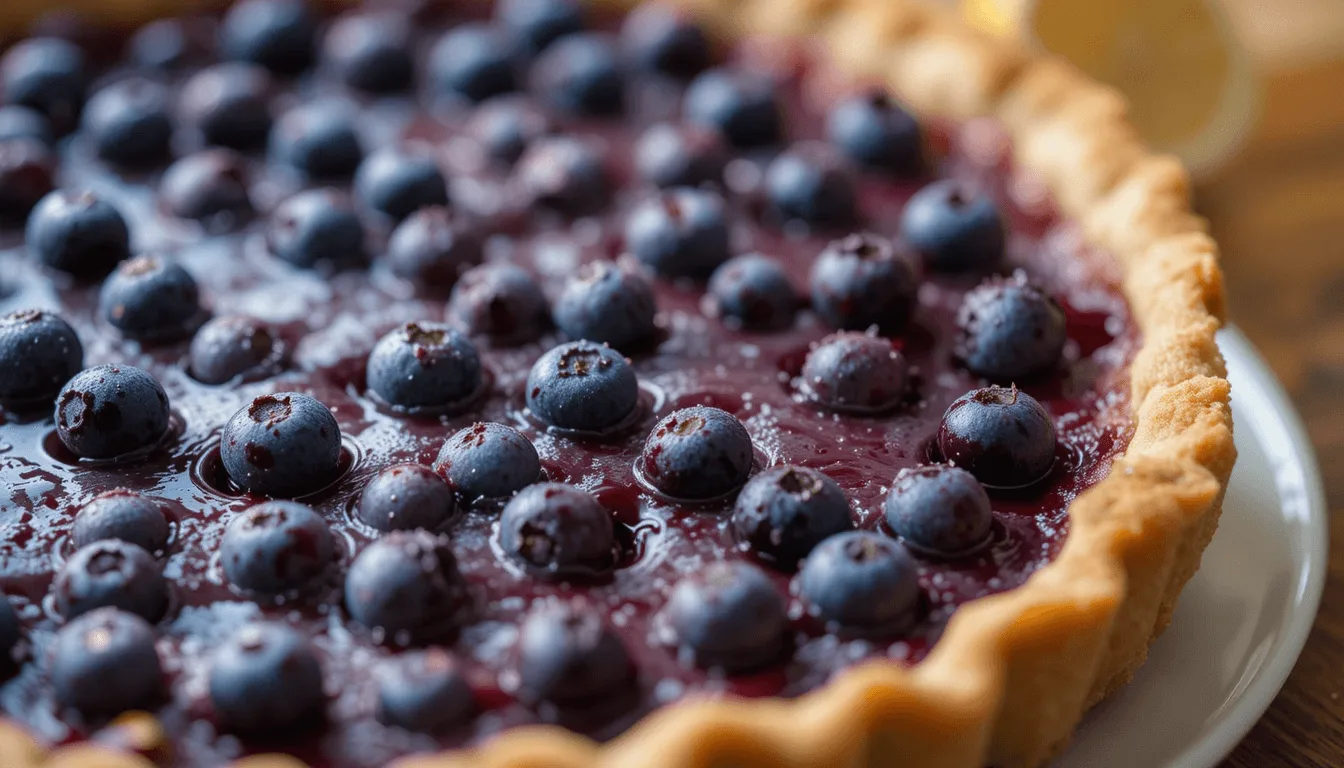 Close-up of a blueberry tart with glistening blueberries on a rich jam filling and a golden crust.