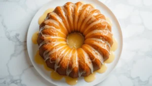 Top view of a golden bundt cake drizzled with creamy glaze, served on a white plate.