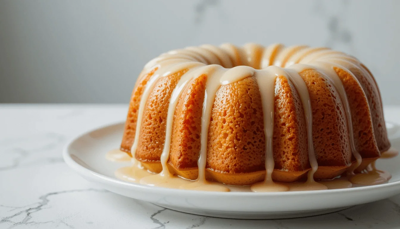 Golden bundt cake drizzled with creamy glaze on a white plate.