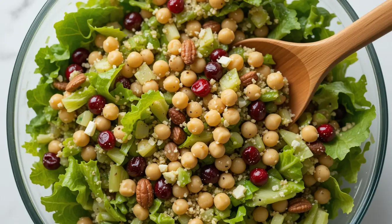 lettuce cranberry nuts chickpea salad in a bowl