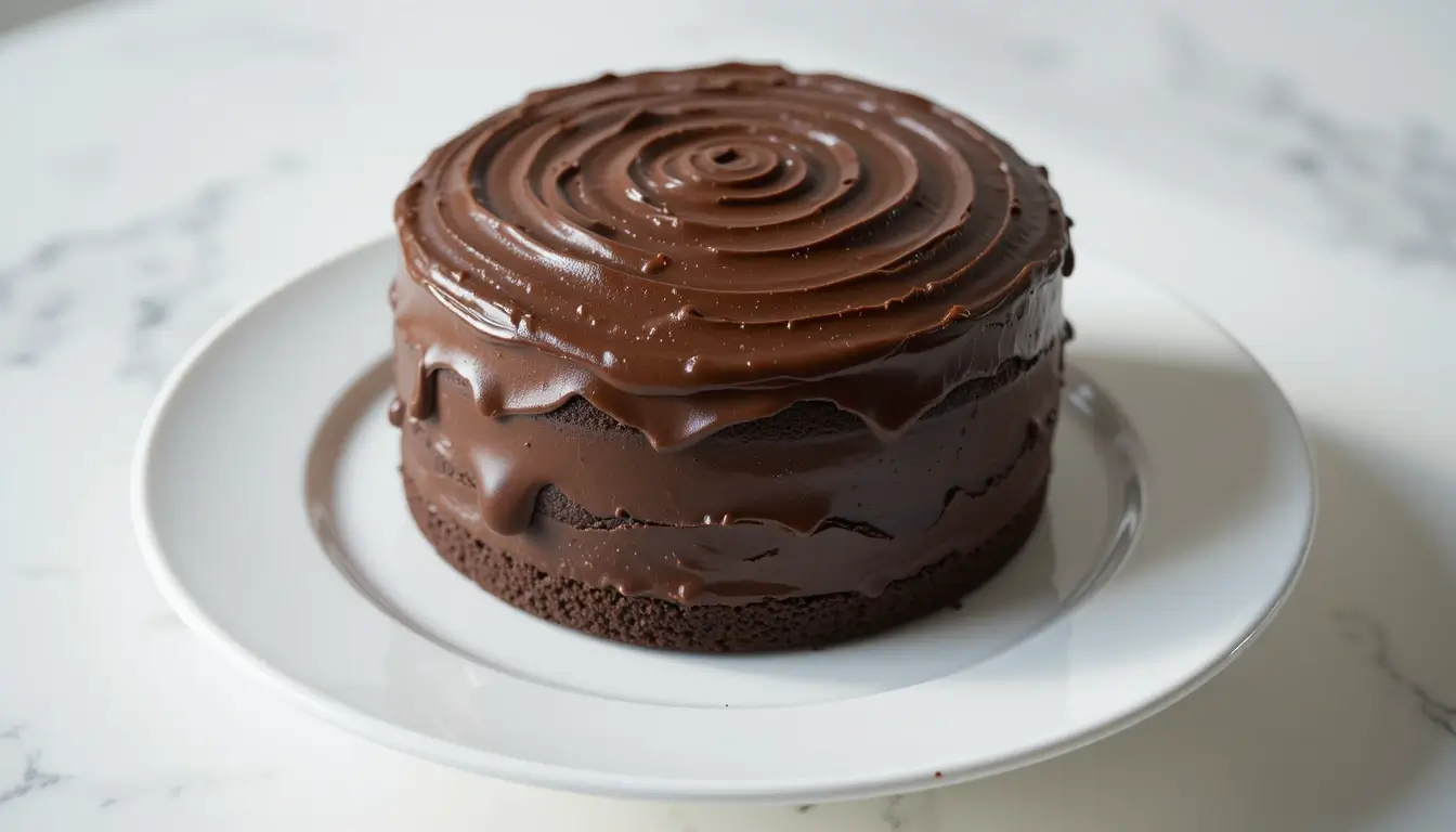 A round, moist chocolate cake covered in glossy chocolate ganache with a swirl pattern, served on a white plate over a marble surface.