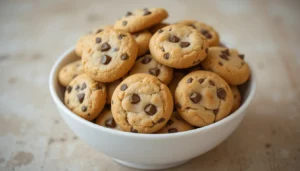 Bowl filled with freshly baked chocolate chip cookies on a light background.