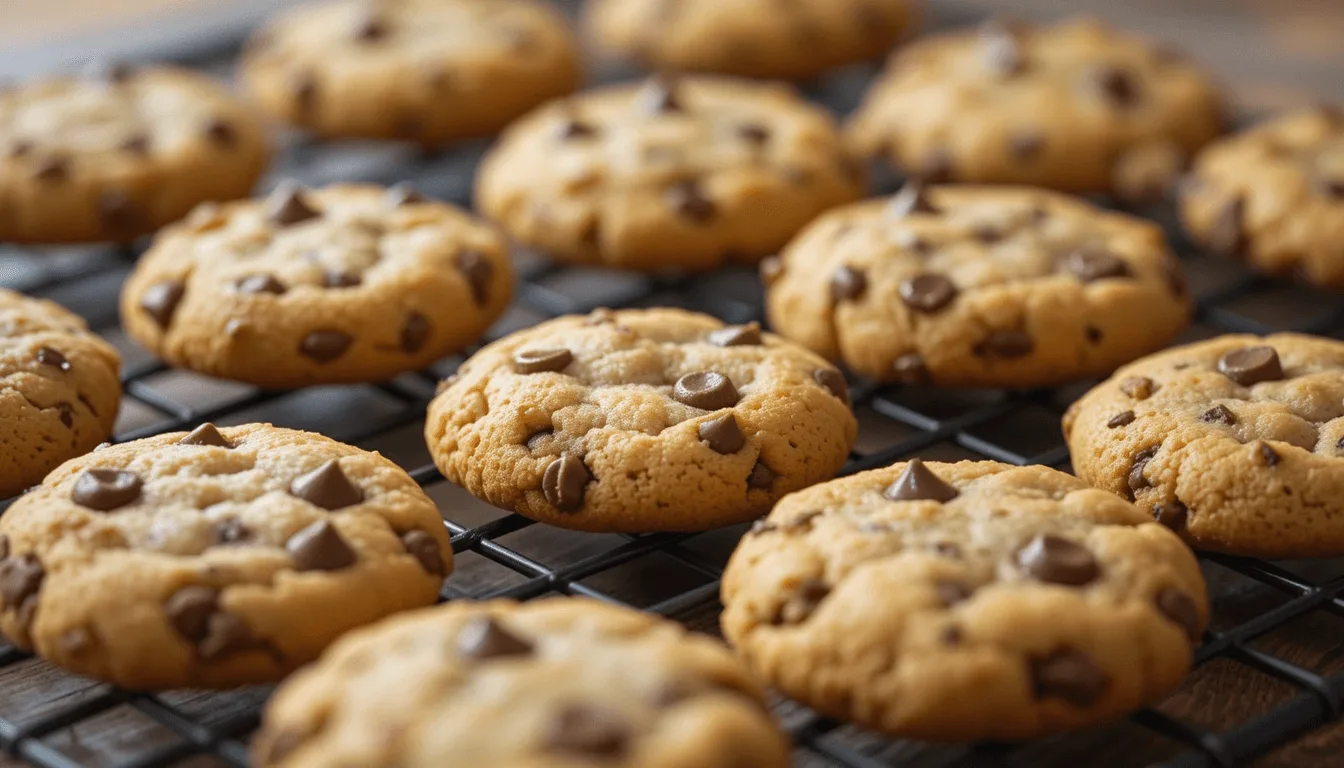 Freshly baked chocolate chip cookies cooling on a wire rack.