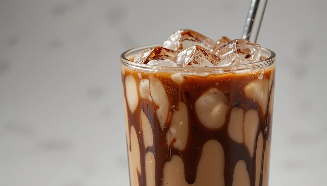 Glass of iced chocolate milk with drizzled chocolate syrup and ice cubes.