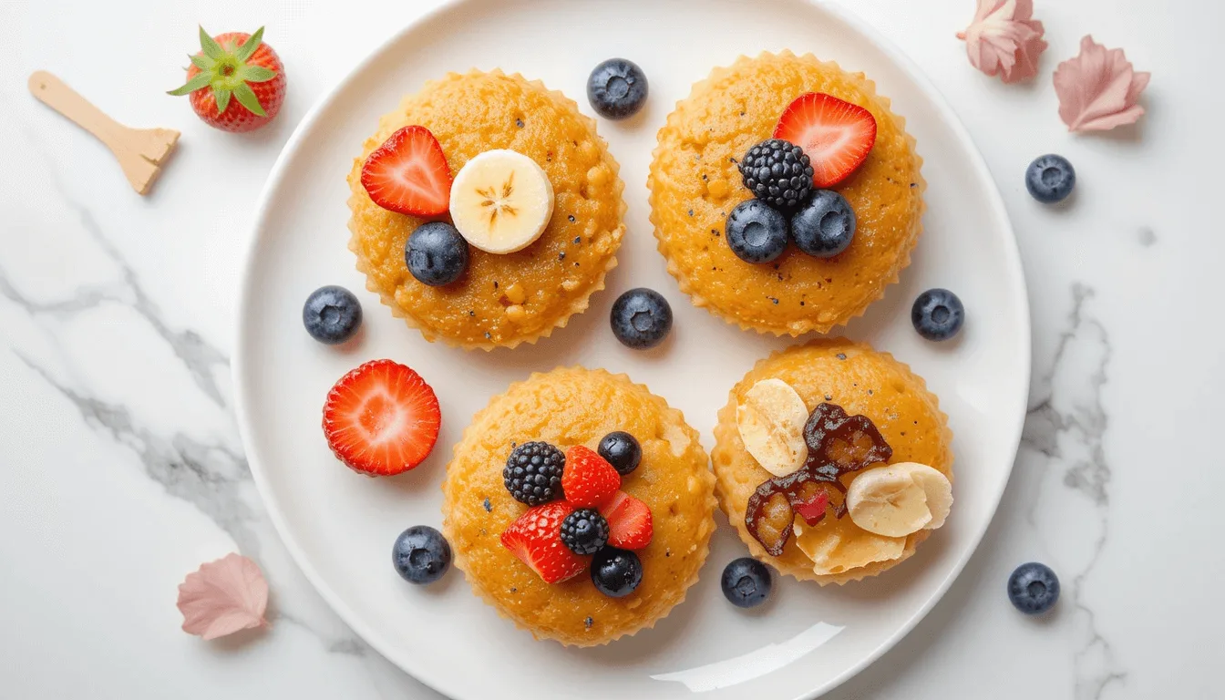 Four golden muffins topped with fresh strawberries, banana slices, blueberries, and blackberries, served on a white plate on a marble surface.