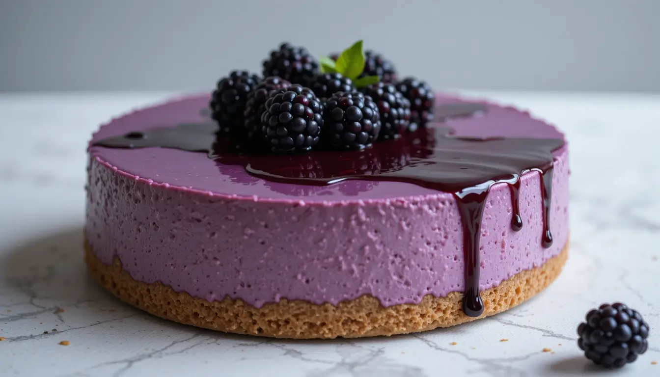 No-Bake Blackberry Cheesecake with a creamy purple filling, graham cracker crust, and topped with fresh blackberries and glossy berry sauce.