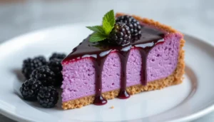 A slice of no-bake blackberry cheesecake with a graham cracker crust, topped with berry sauce and fresh blackberries.