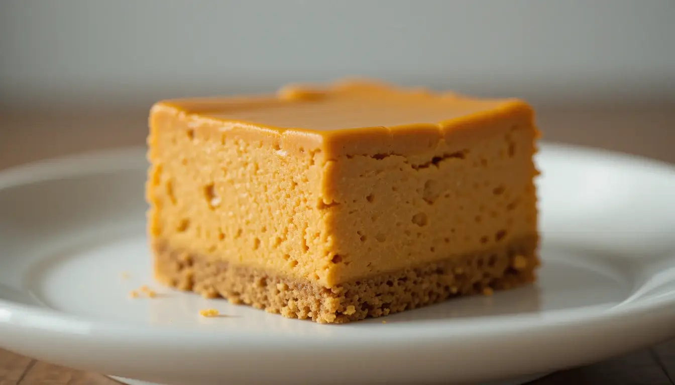 A close-up of a no-bake pumpkin cheesecake square with a smooth orange filling and a graham cracker crust on a white plate.