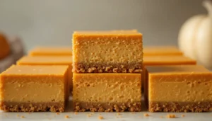 Stacked no-bake pumpkin cheesecake squares with smooth filling and graham cracker crust.