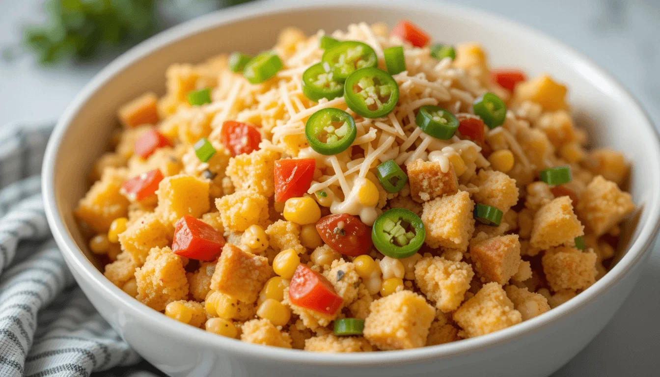 Old-fashioned cornbread salad topped with fresh jalapeños, tomatoes, and shredded cheese.