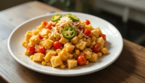 Plate of old-fashioned cornbread salad with cherry tomatoes, corn, jalapeños, and shredded cheese.